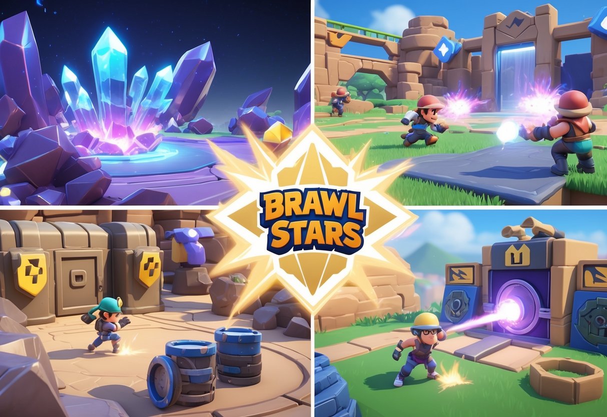A 3D scene showing multiple colourful game arenas from Brawl Stars with characters in action, demonstrating different gameplay tactics.