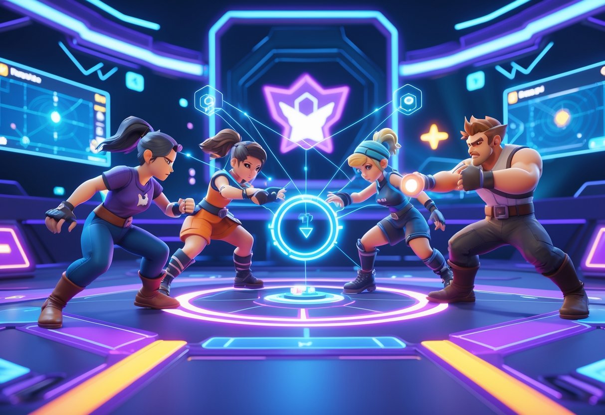 Four animated game characters working together on a colourful battlefield with glowing lines showing their teamwork and communication.