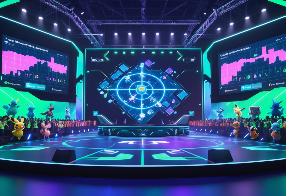 A 3D scene of a futuristic esports arena with holographic displays showing Pokémon Unite strategies and meta trends, featuring digital maps, animated Pokémon figures, and an energetic crowd.