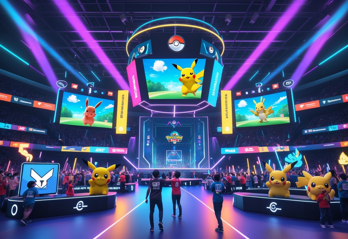 A crowded esports arena with fans cheering around a central stage showing Pokémon Unite gameplay and life-sized Pokémon statues, creating an exciting championship atmosphere.