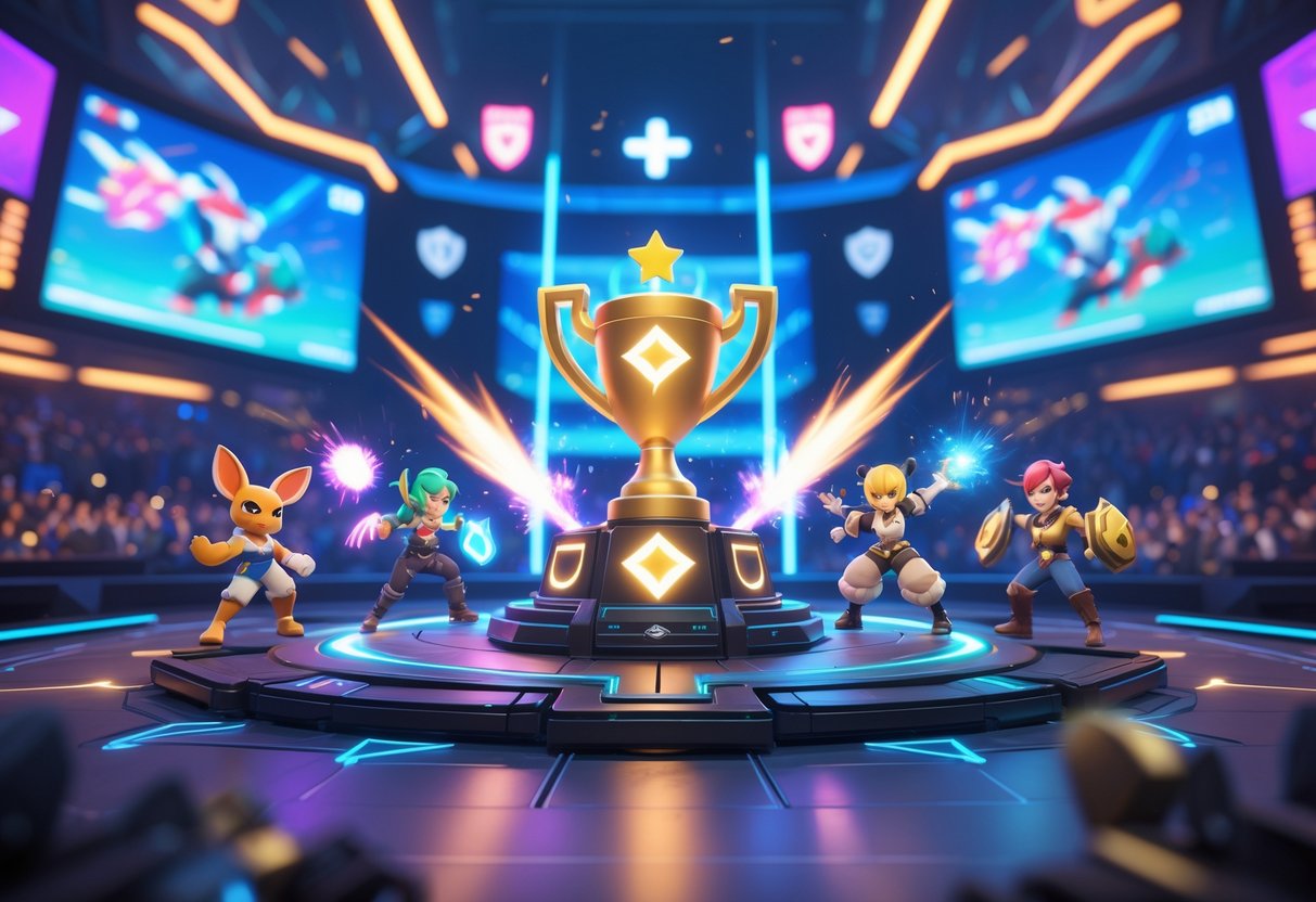 A 3D scene showing a glowing championship trophy surrounded by animated game characters in a vibrant esports arena with bright lights and effects.