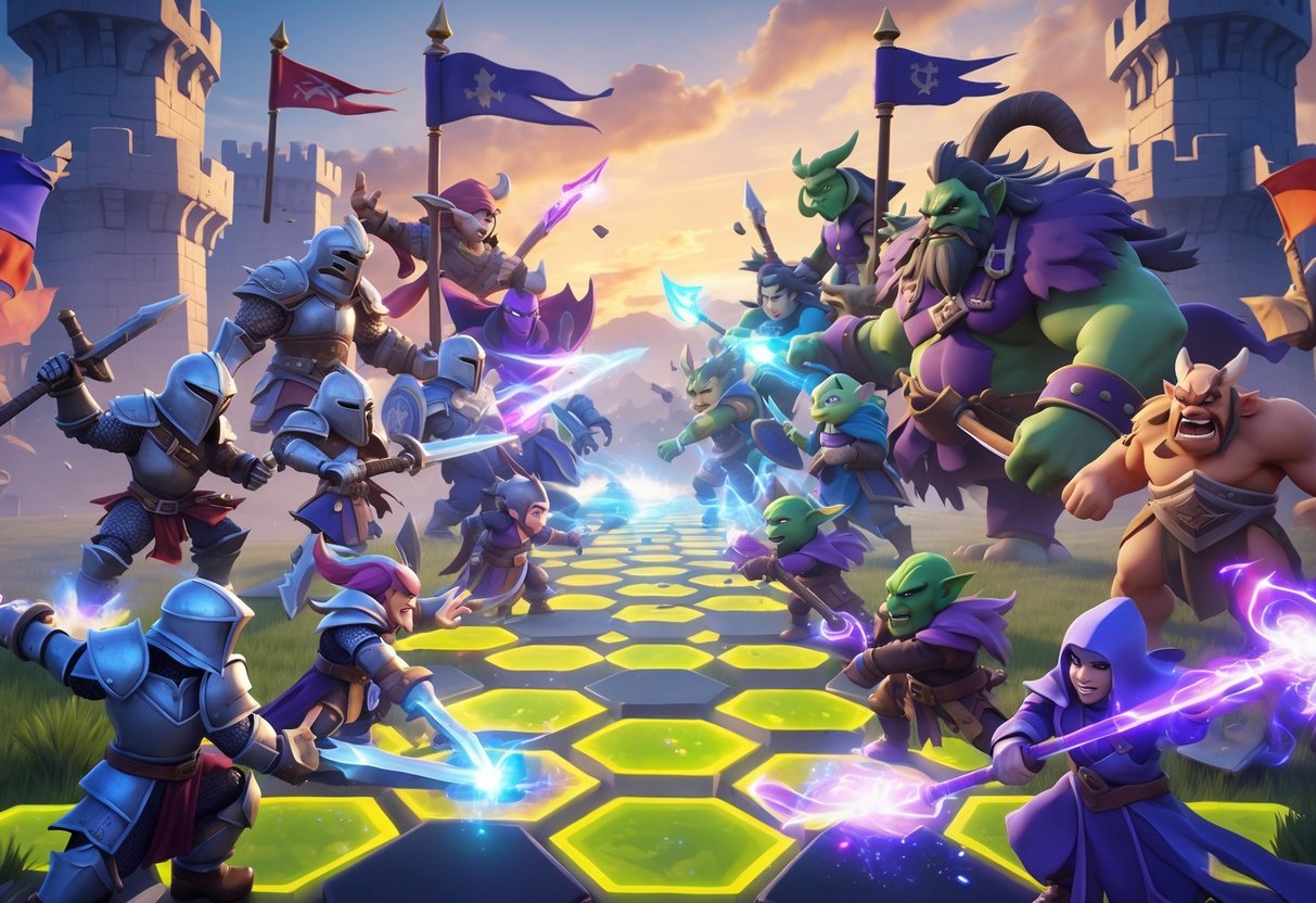 A colourful fantasy battlefield with two opposing teams of warriors and magical creatures preparing to clash in a strategic arena.