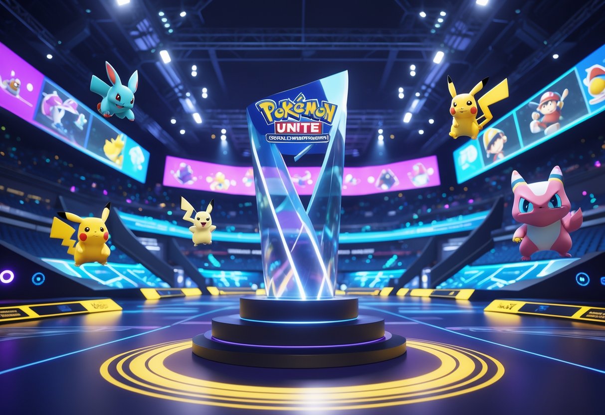 A futuristic stadium filled with glowing lights and holograms of popular Pokémon battling, centred around a glowing championship trophy.