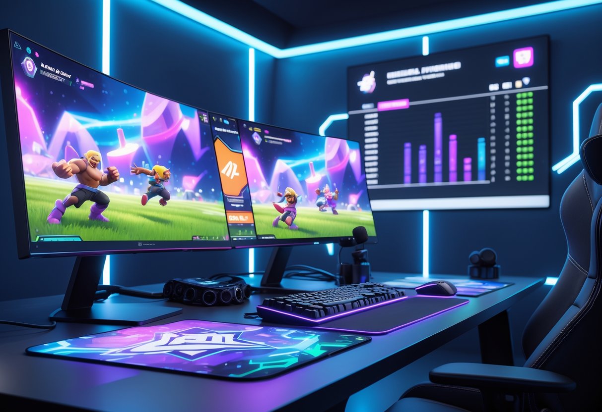 A 3D rendered scene of a gaming setup with dual monitors showing colourful Brawl Stars gameplay, professional gaming equipment, and a digital leaderboard in a dimly lit room.
