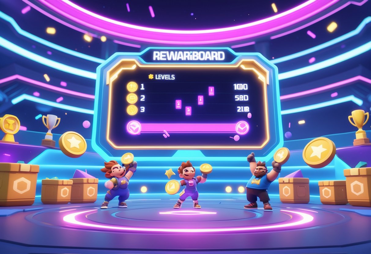 A 3D scene showing a championship arena with a glowing leaderboard, colourful trophies, reward crates, and animated characters celebrating progress and achievements.