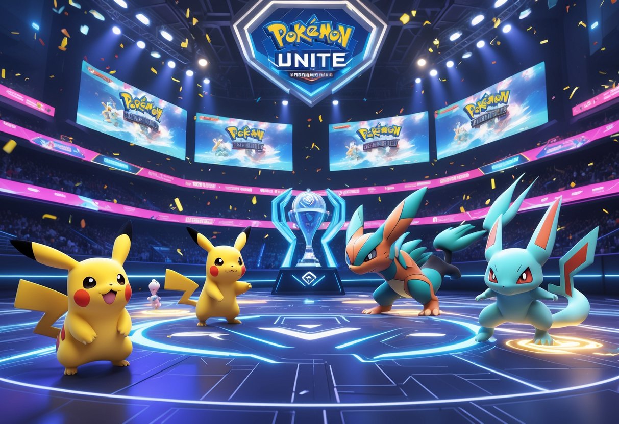 A crowded esports stadium with Pokémon battling on a futuristic arena and a championship trophy on display.