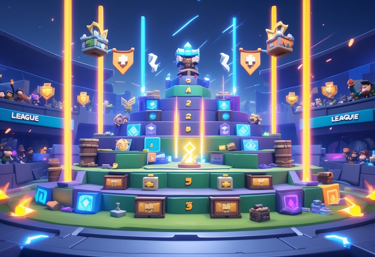A 3D scene of a Clash Royale arena showing different league levels with platforms, trophies, and cheering crowds.