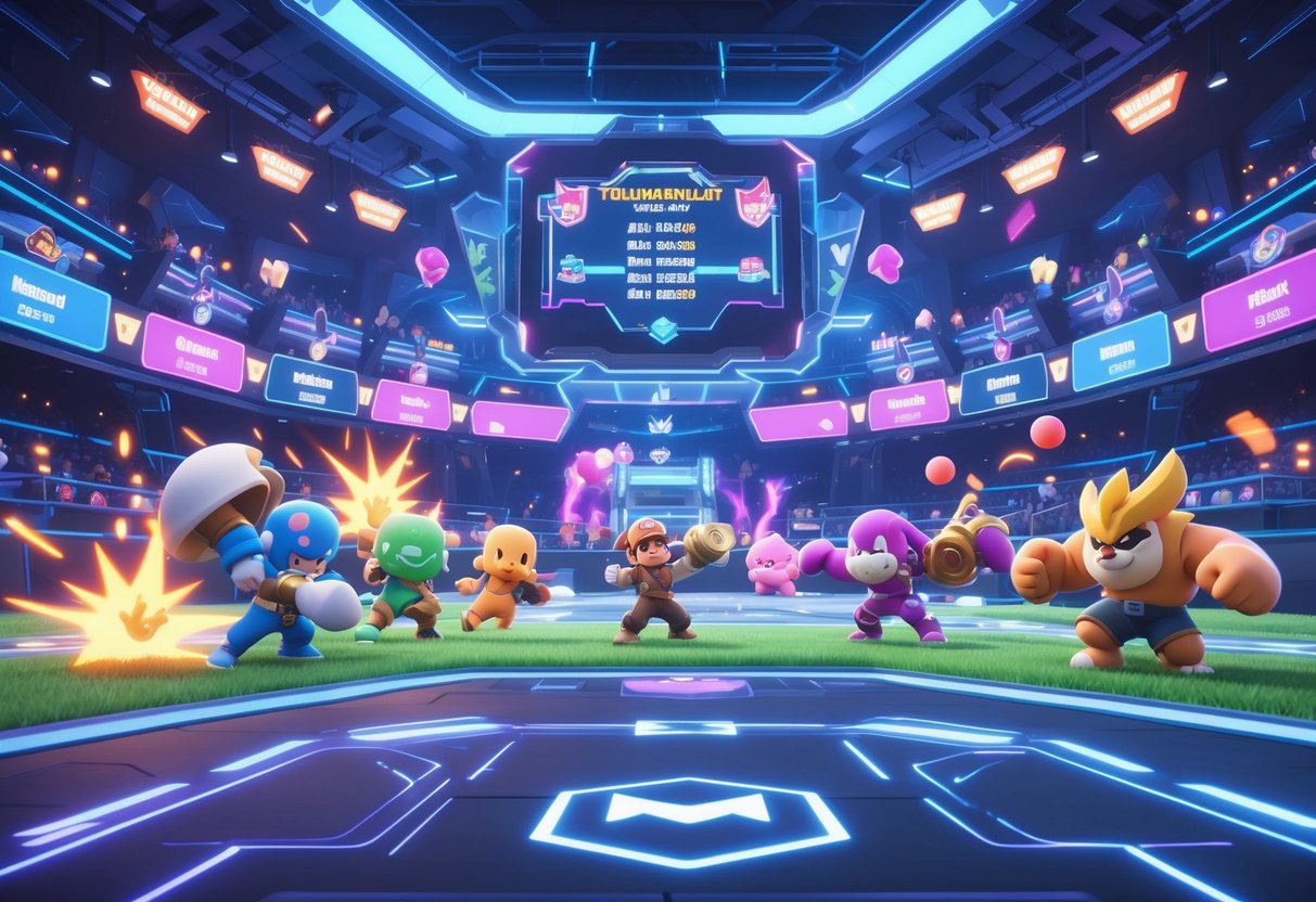 A 3D scene showing colourful characters battling in a futuristic gaming arena filled with cheering crowds and bright lights.