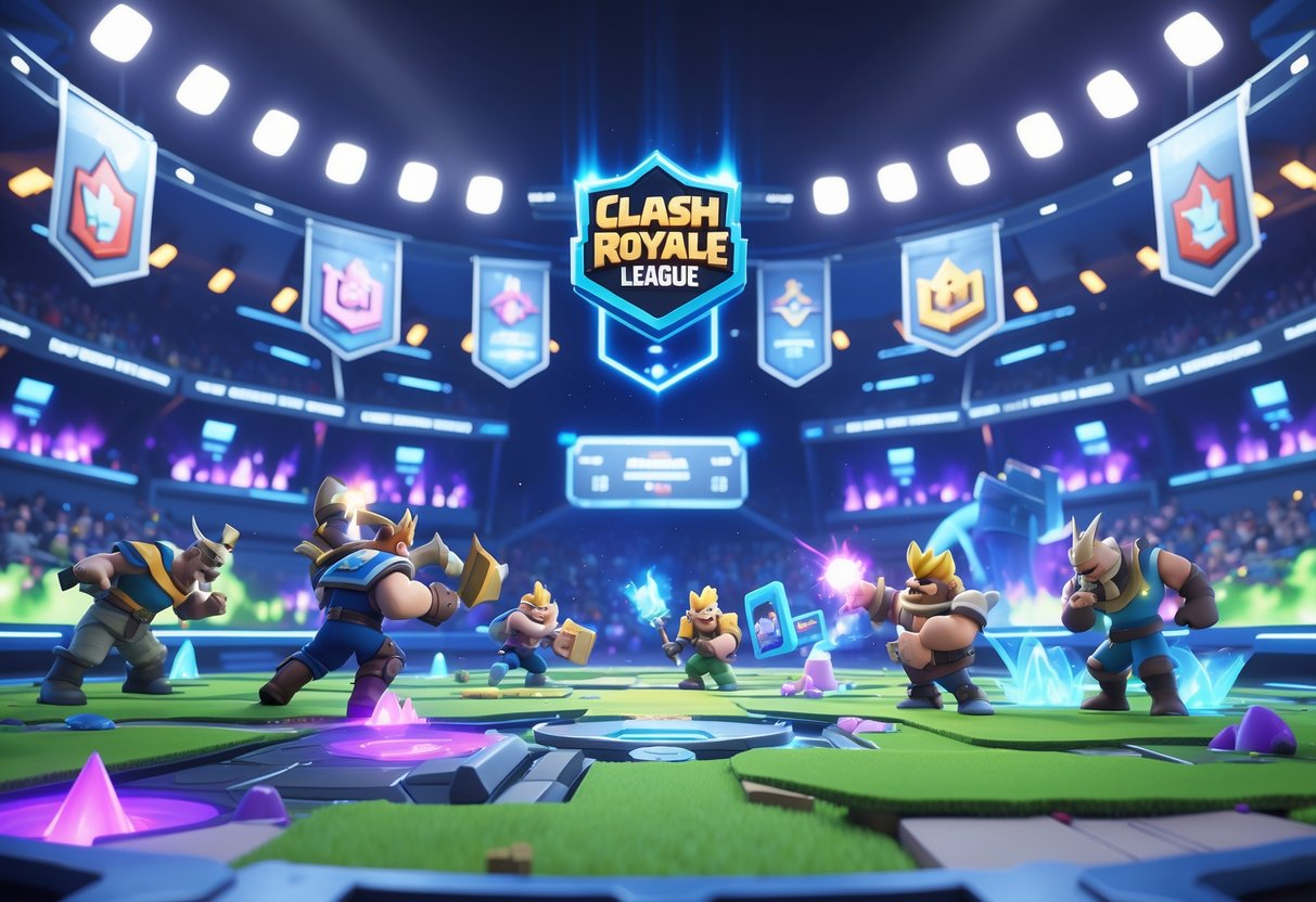 A vibrant esports arena with animated characters battling on a colourful battlefield surrounded by cheering crowds and glowing digital displays.