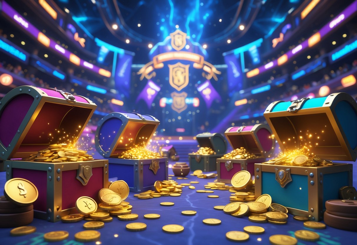 A treasure room filled with glowing chests and scattered gold coins, set inside a large arena decorated with banners and flags.