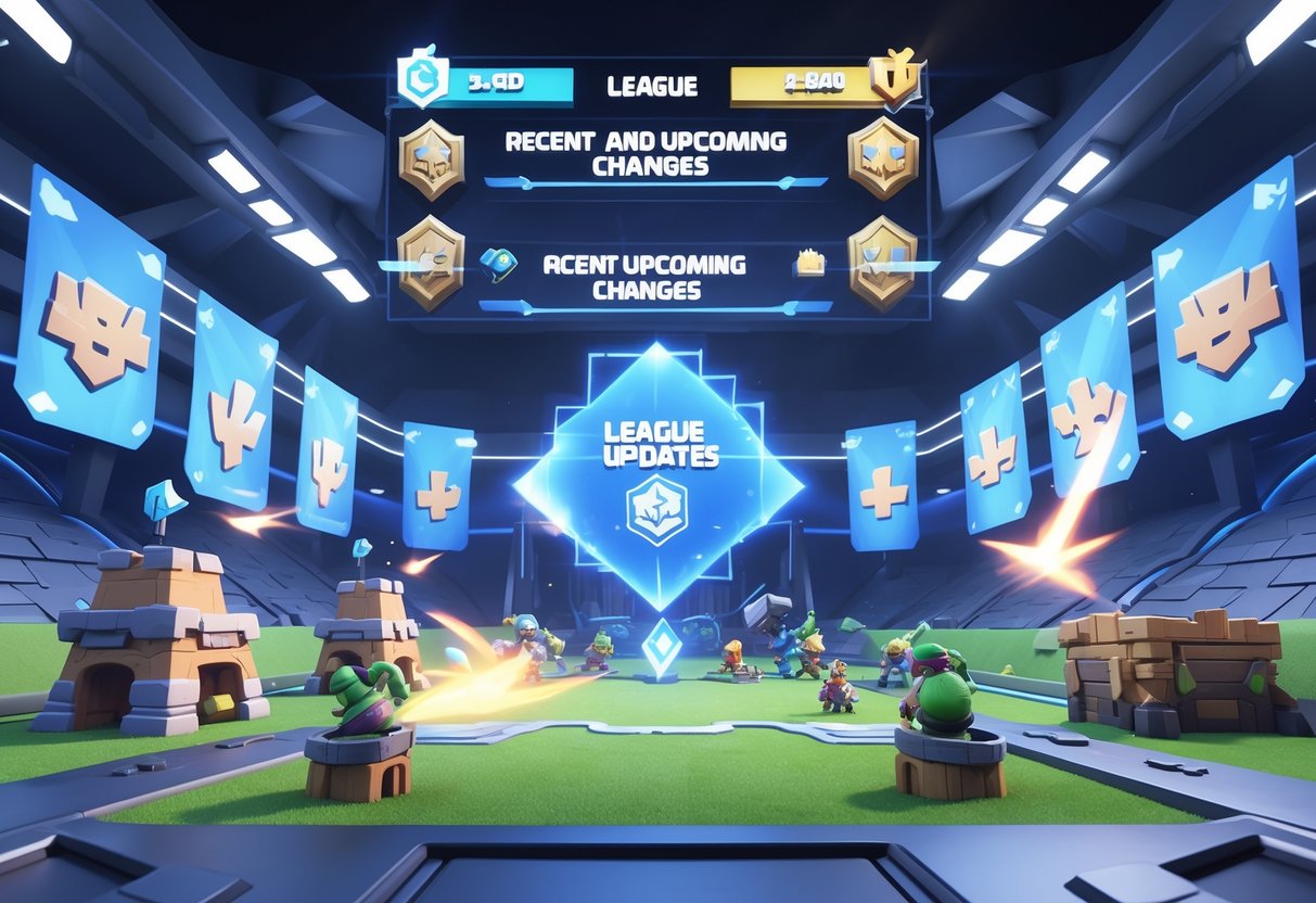 A 3D scene of a Clash Royale battlefield with towers and troops in action, surrounded by futuristic holograms and digital effects representing game balance changes and league updates.