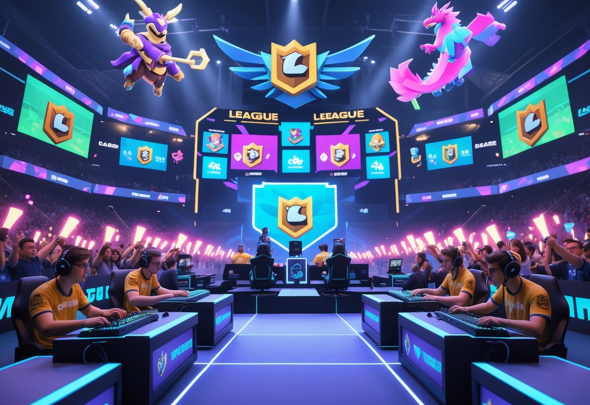 A 3D scene of an esports arena with two players competing in a Clash Royale tournament, surrounded by animated characters and a cheering crowd.