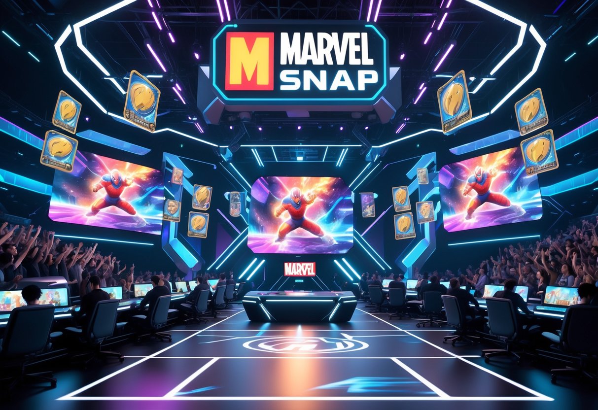 A futuristic esports arena filled with fans watching intense Marvel Snap card battles on holographic screens, with players focused on their matches and glowing digital effects surrounding them.