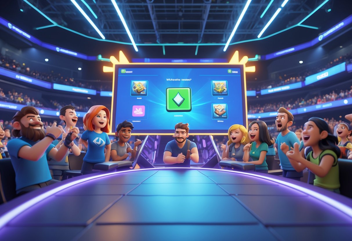 A busy esports arena with players and spectators watching a Clash Royale game on a large screen, showing animated game elements and symbols of updates and improvements.