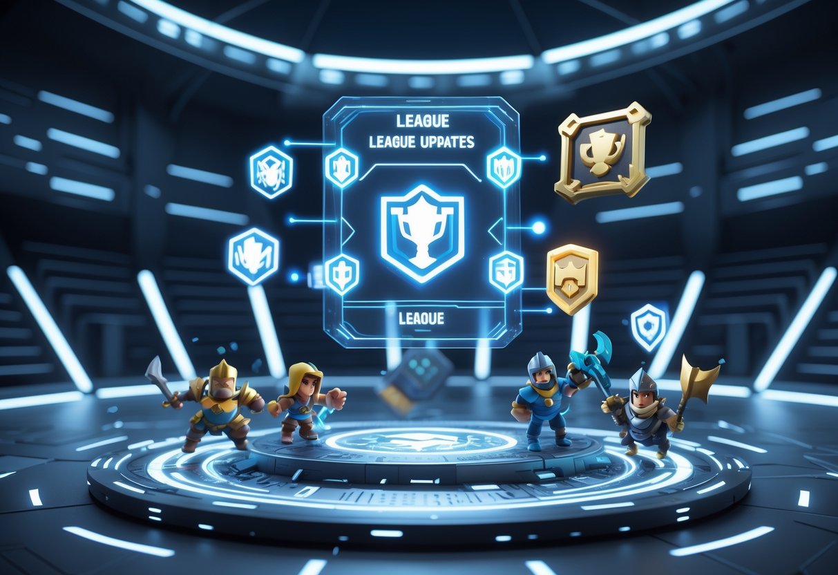 A 3D scene showing a holographic display with Clash Royale characters around it in a high-tech arena.