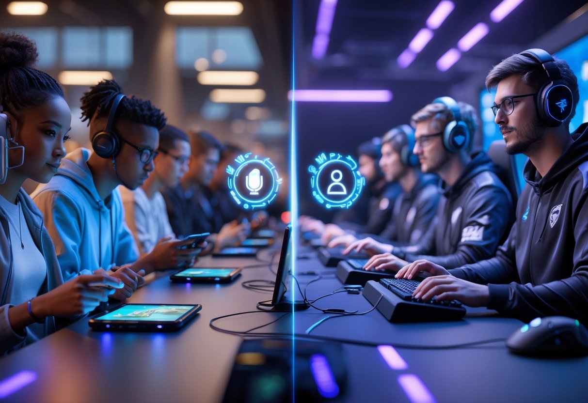 A 3D scene showing diverse groups of gamers playing esports on mobile devices on one side and on gaming PCs on the other side, with visual elements representing accessibility and user demographics between them.