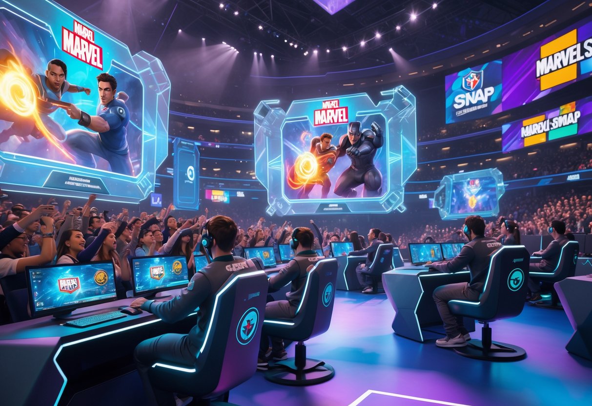 A busy esports arena showing players competing in a Marvel Snap tournament with large screens displaying gameplay and an excited crowd watching.