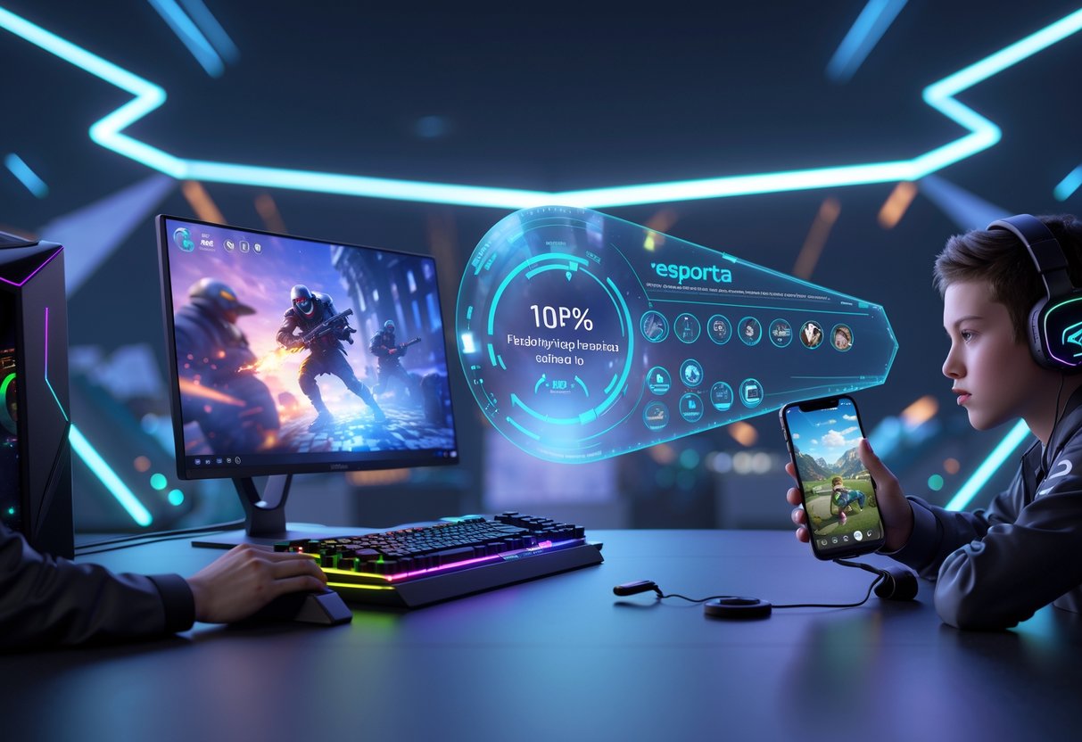 A split scene showing a gamer using a PC setup on one side and a gamer using a mobile phone on the other, with floating icons representing different esports game genres between them.