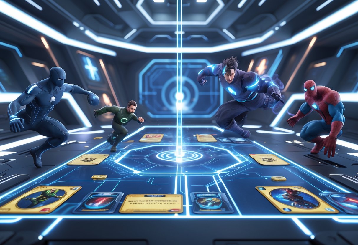 A futuristic gaming arena with a holographic board and iconic Marvel characters in action poses representing different competitive deck strategies.