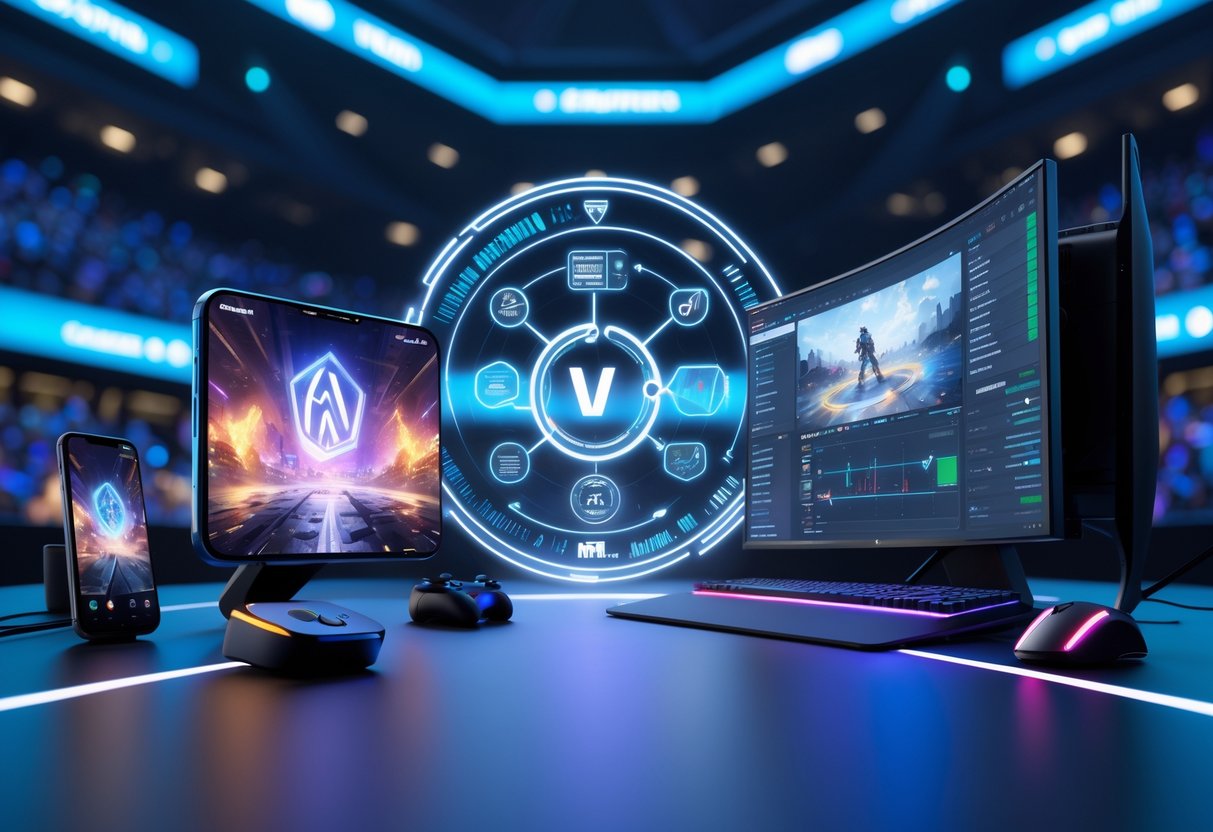 A 3D scene showing a mobile gaming setup with smartphone and accessories on one side and a PC gaming setup with monitor and peripherals on the other, connected by a holographic interface displaying esports data in a vibrant arena.