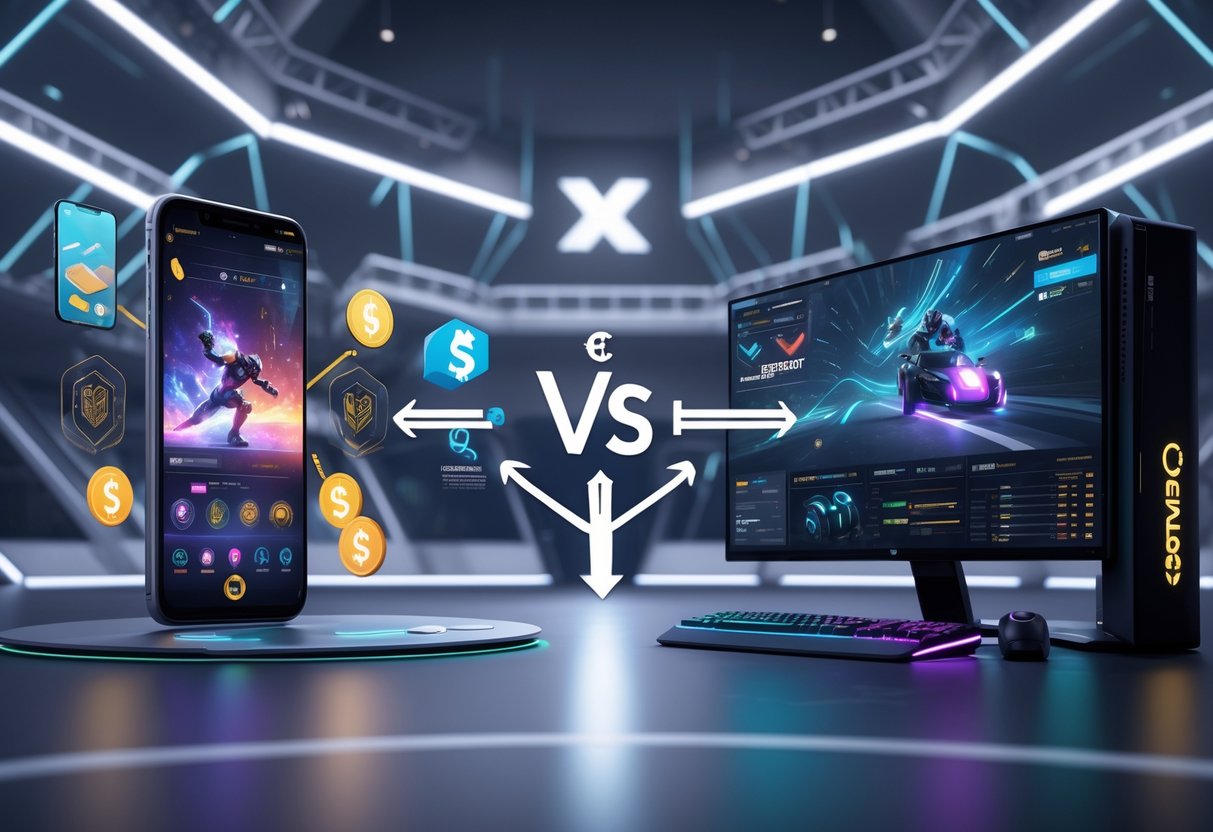 A 3D scene showing a smartphone and a gaming PC setup side by side with esports gameplay and floating icons representing different revenue sources around each device.
