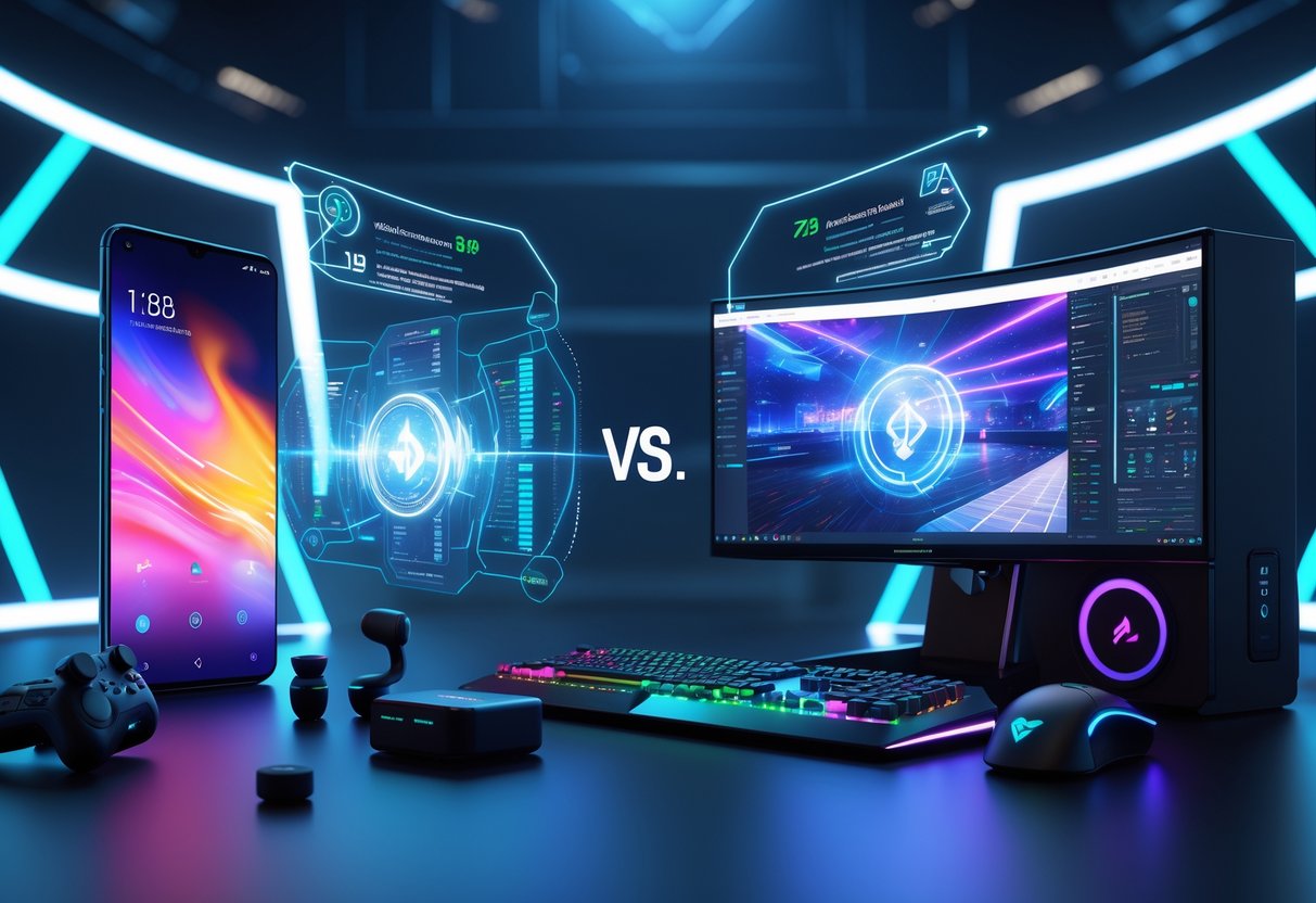 A side-by-side comparison of mobile and PC esports setups, showing a smartphone with gaming accessories on one side and a gaming PC with monitor, keyboard, mouse, and headset on the other, connected by floating performance data visuals.