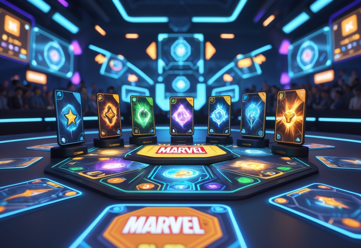 A 3D scene showing a futuristic card game table with superhero-themed cards and glowing slots, surrounded by holographic outlines of other card game layouts and a crowd watching in the background.