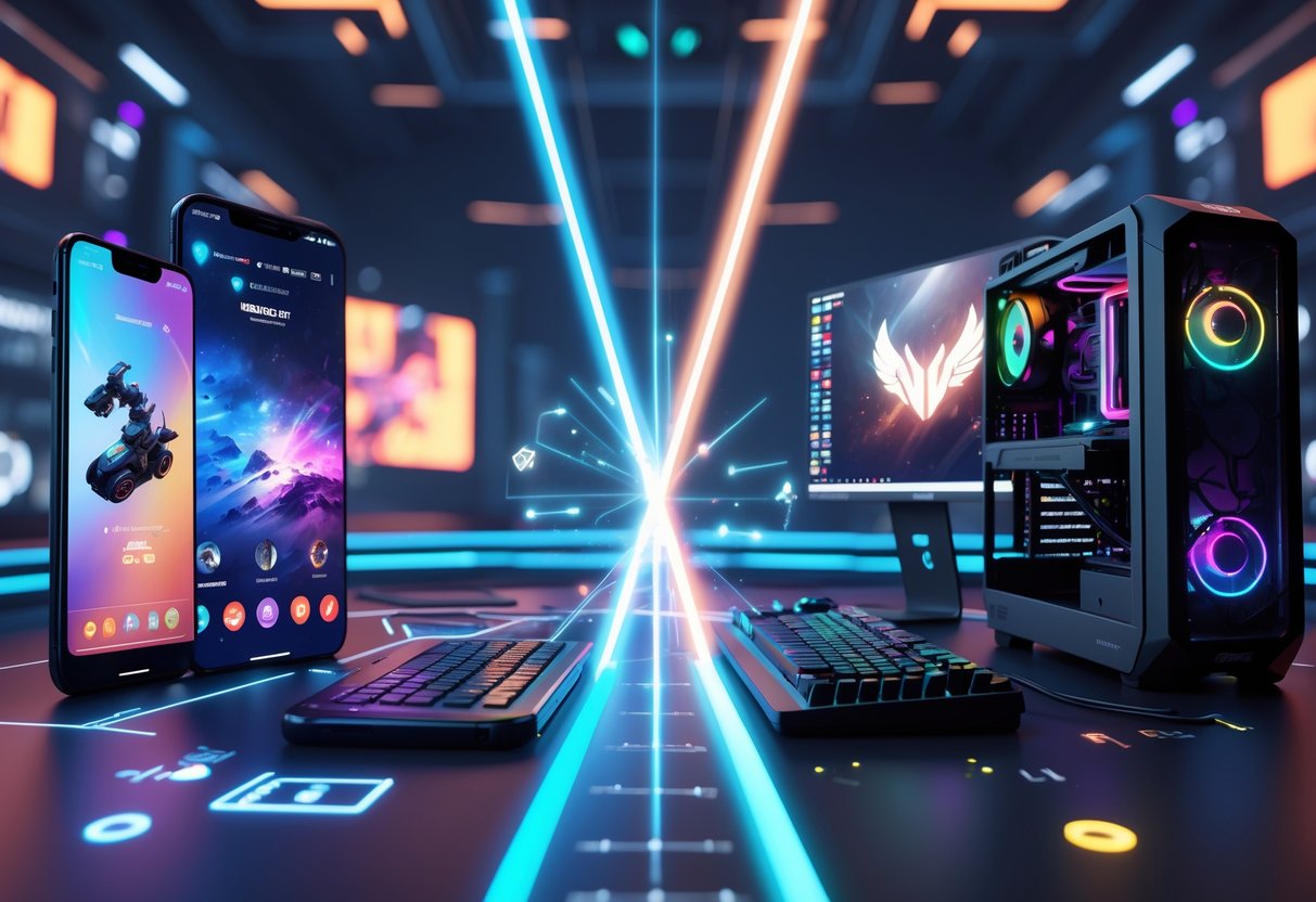 A 3D scene showing a comparison between mobile and PC esports, with smartphones on one side and a gaming PC setup on the other, connected by glowing digital effects in a futuristic arena.