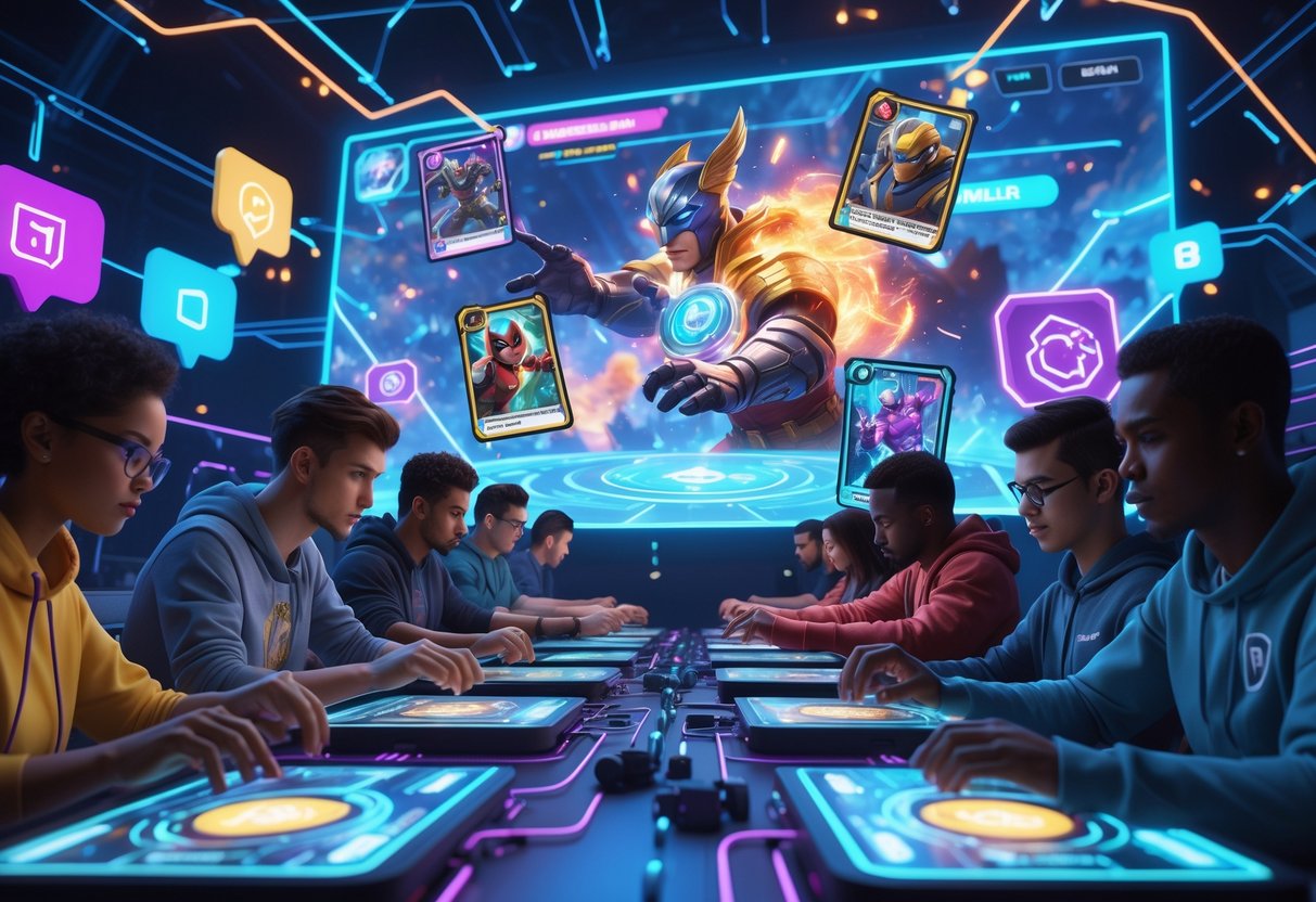 A 3D scene of players in a futuristic esports arena competing in a card game with glowing network lines and digital icons representing community resources around them.