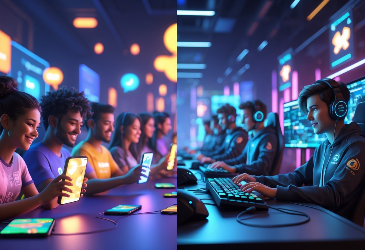 A scene showing two groups of esports players, one using mobile devices in a casual, social setting and the other using PC gaming setups in a focused, competitive environment.