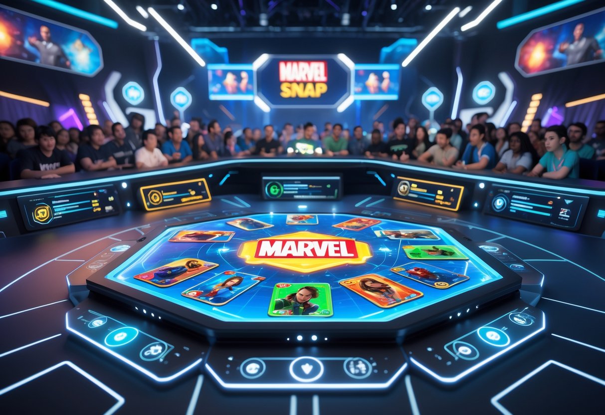 A 3D scene of a futuristic gaming arena with a holographic Marvel Snap game board, surrounded by digital interfaces and an audience watching a competitive match.
