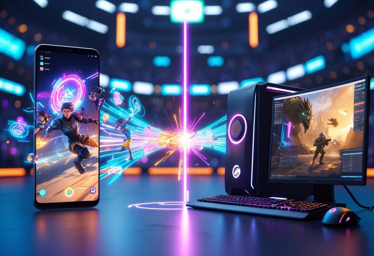 A futuristic esports arena showing a vibrant mobile gaming scene on a smartphone on one side and an intense PC gaming setup with multiple monitors on the other, separated by a glowing energy line.