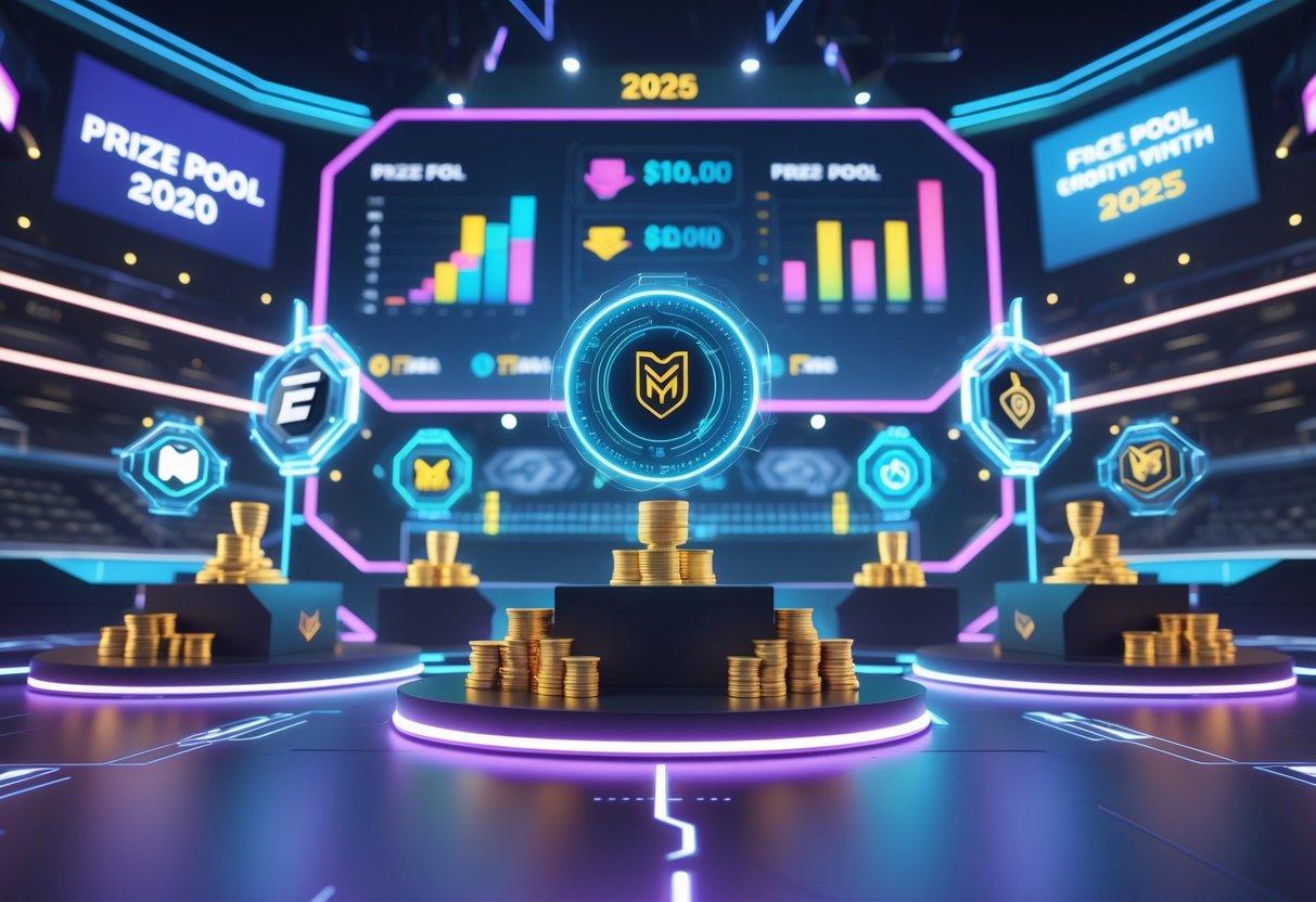 A 3D scene of a futuristic esports arena with holographic displays showing major mobile esports games and their prize pools for 2025.