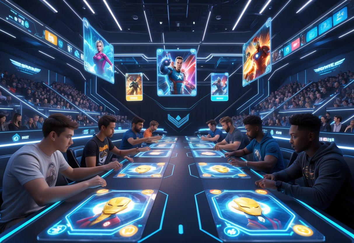 A futuristic esports arena with players competing in a digital Marvel card game, surrounded by holographic displays and a virtual crowd.