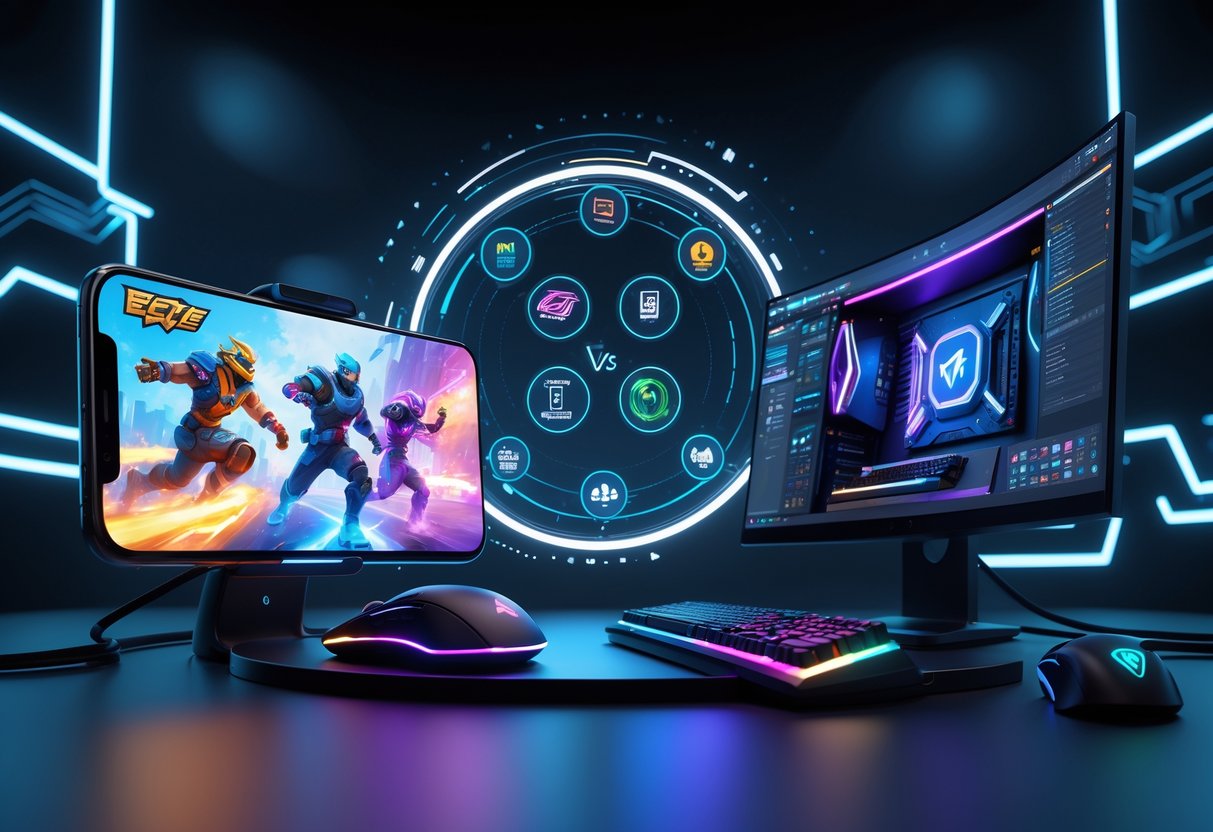 A 3D scene showing a smartphone and a gaming PC setup side by side with esports game visuals and a holographic interface displaying statistics between them.