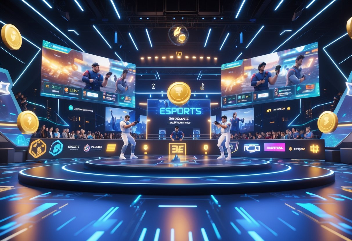 A 3D scene of a futuristic esports arena with players competing on mobile devices, surrounded by glowing lights, digital trophies, and an excited crowd.