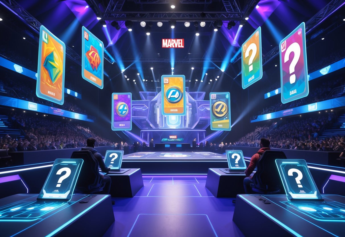 A futuristic esports arena with players at gaming stations and holographic displays showing Marvel-themed card game elements and question mark symbols representing FAQs.