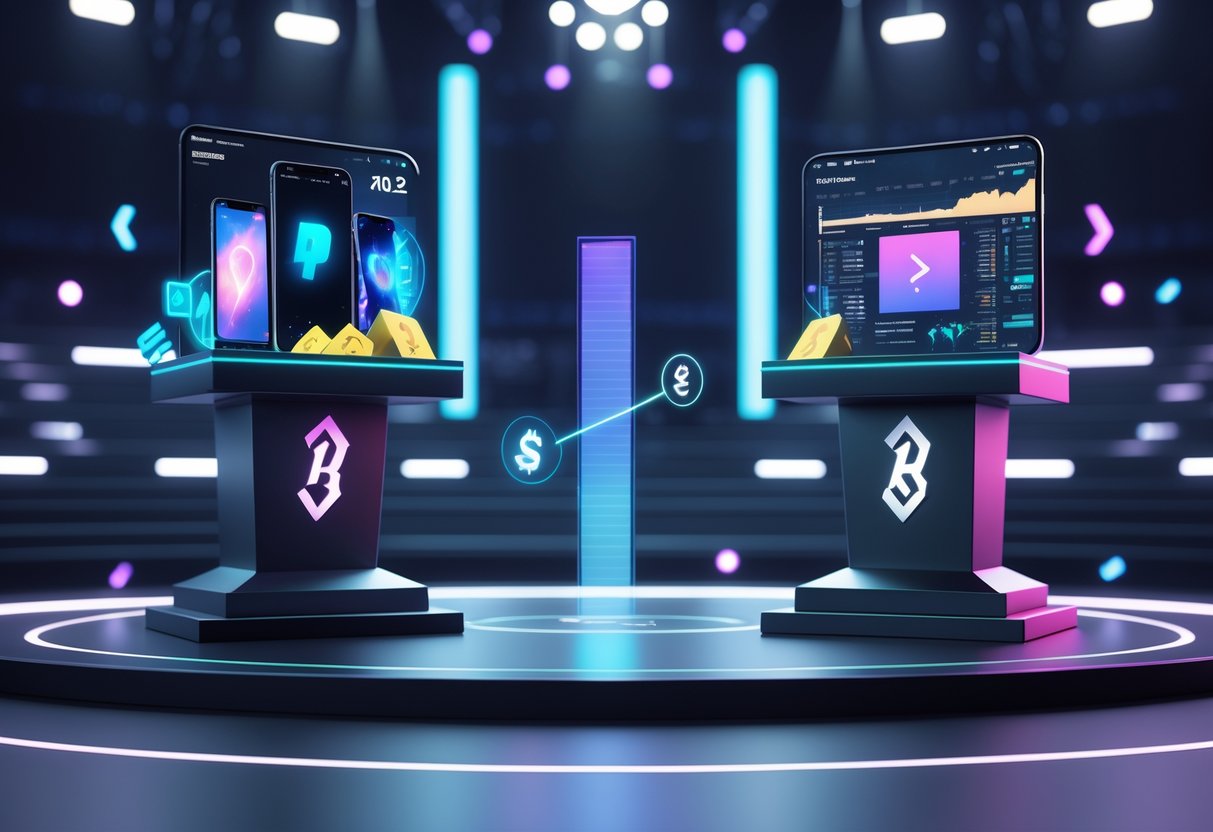 A 3D scene showing two trophy pedestals representing mobile and PC esports prize pools for 2025, with gaming devices and a holographic bar chart comparing their sizes.