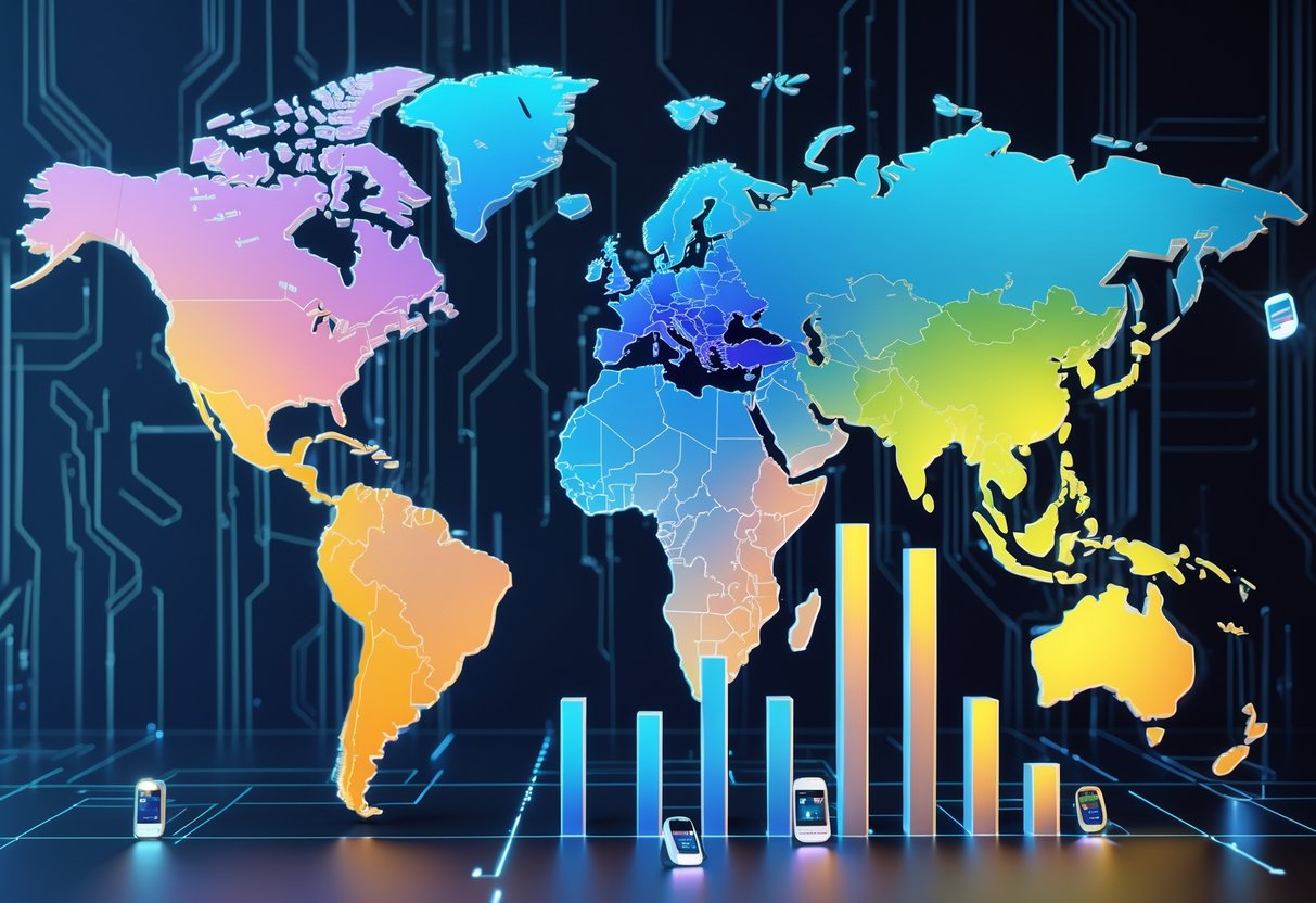 A 3D world map showing different regions with glowing bars representing mobile esports prize winnings in 2025.