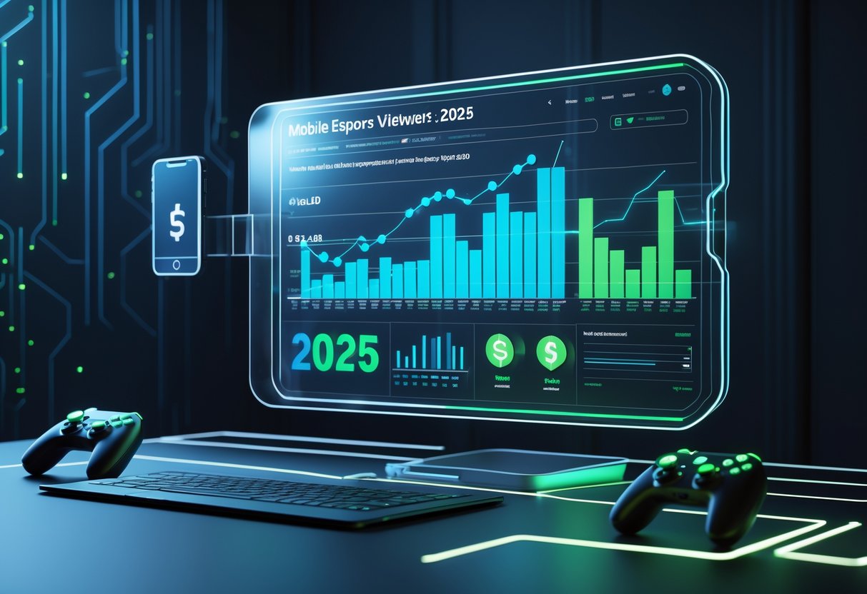 A 3D scene showing a futuristic holographic dashboard with colourful graphs and icons representing mobile esports viewership and prize pools in 2025.