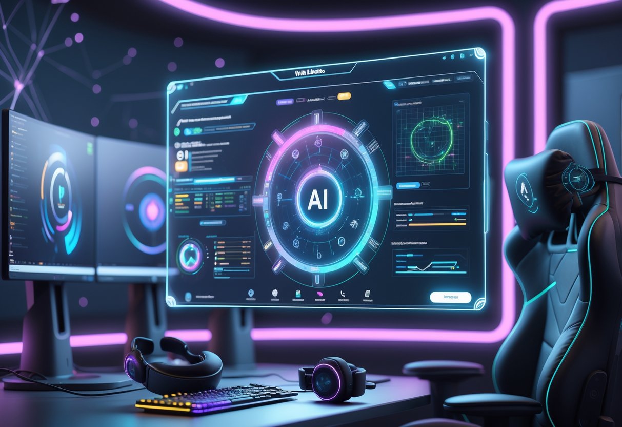 A futuristic gaming setup with a holographic dashboard showing player performance data and AI coach avatars interacting with the information.