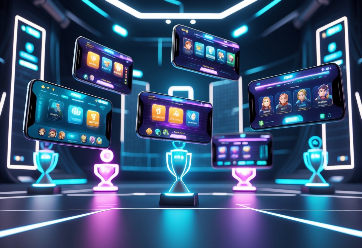A 3D scene showing floating mobile devices with gaming interfaces, holographic tournament brackets, leaderboards, and digital trophies in a high-tech arena.