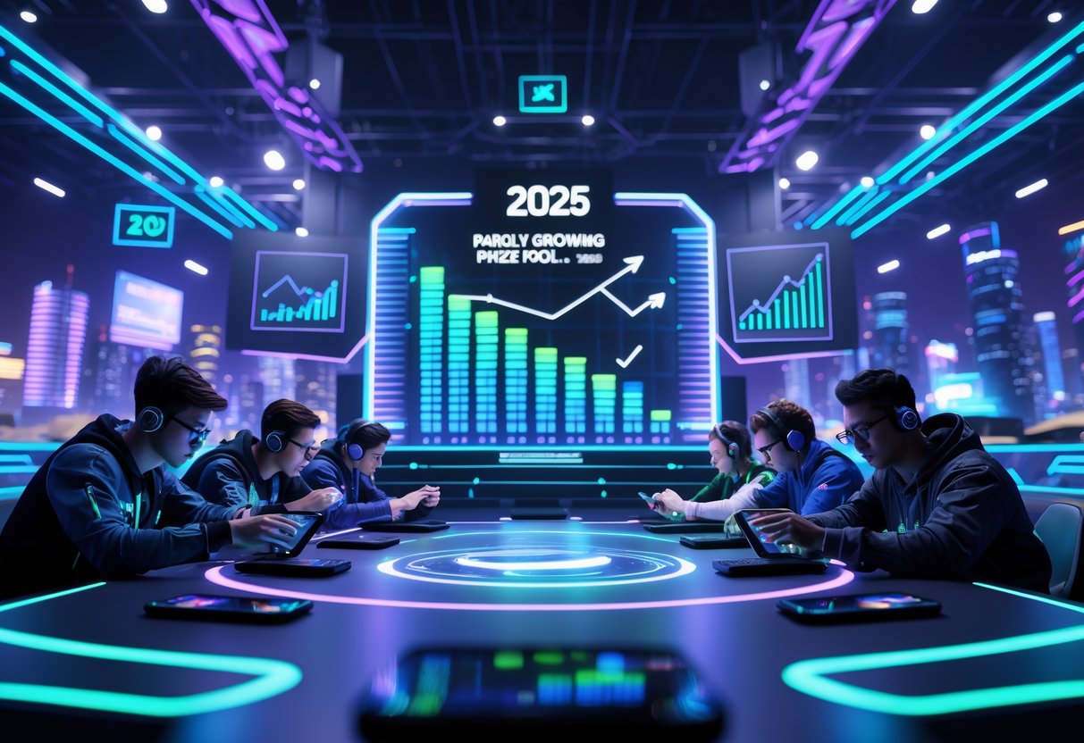 A futuristic esports arena with gamers playing on advanced mobile devices surrounded by holographic graphs and glowing cityscape in the background.