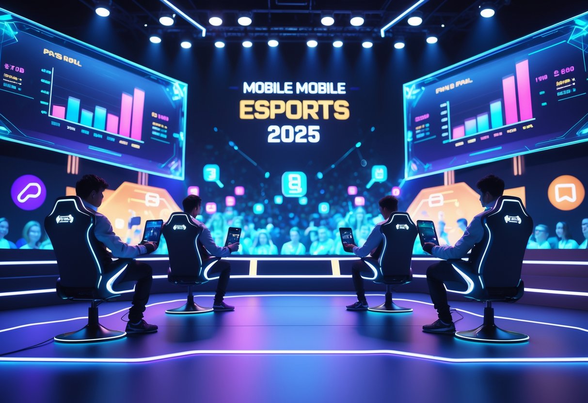 A futuristic esports stage with players competing on mobile devices surrounded by holographic displays and a virtual cheering crowd.