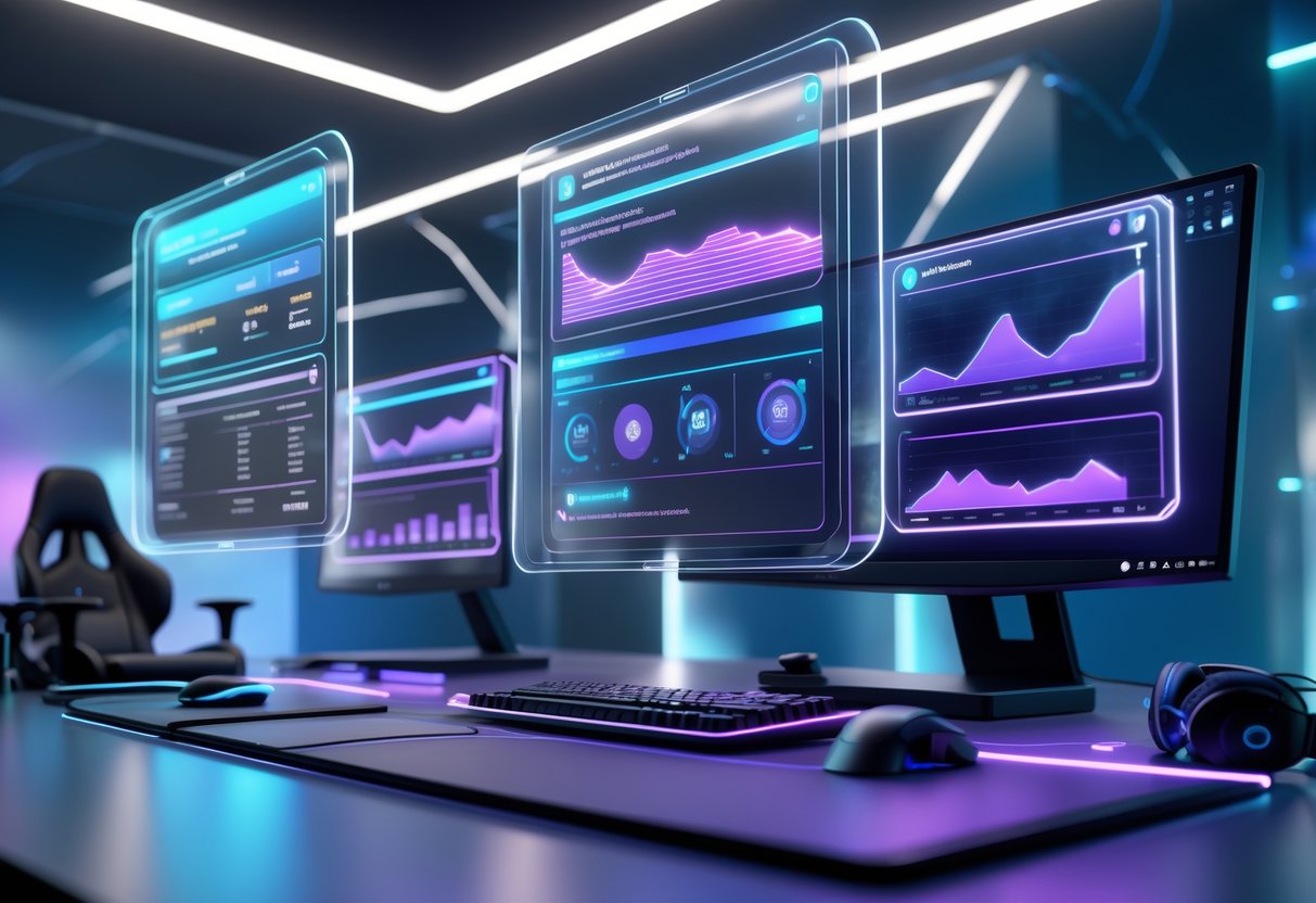 A futuristic gaming setup with multiple holographic screens showing gaming performance data and AI coaching feedback around a high-tech computer and gaming equipment.