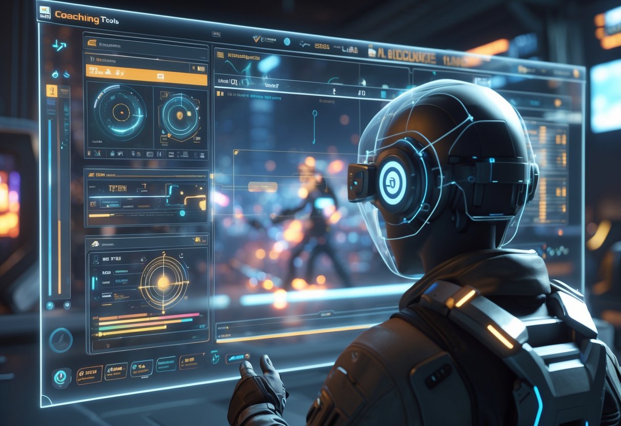 A first-person shooter game scene with holographic overlays showing player stats, aiming guides, and AI coaching visuals integrated into the game environment.