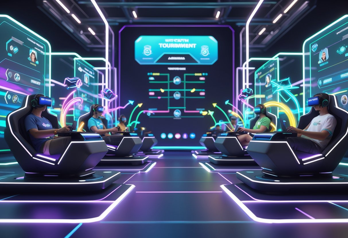 A futuristic gaming arena showing teams of players using mobile devices in pods, connected by glowing lines to represent team setups and tournament progress.