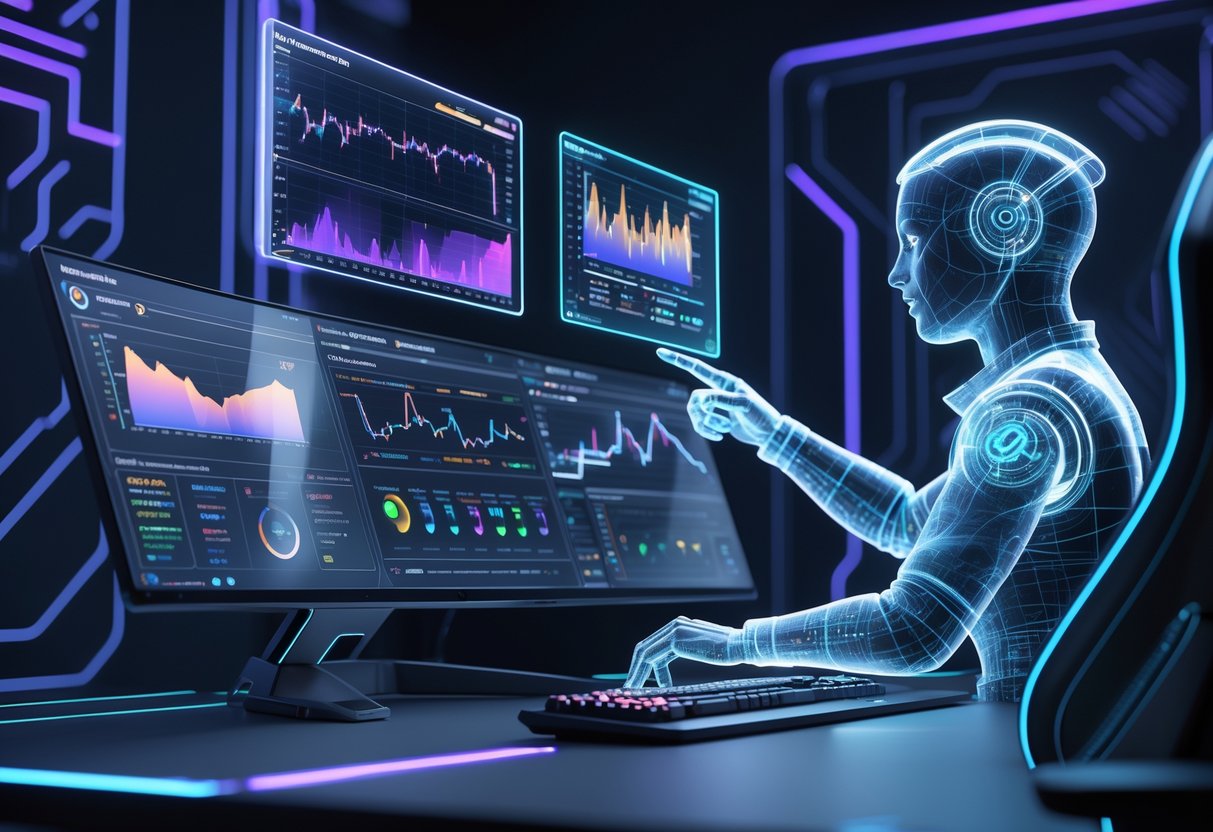 A futuristic gaming setup with holographic screens showing player stats and game analysis, and a glowing AI figure interacting with the data in a high-tech room.