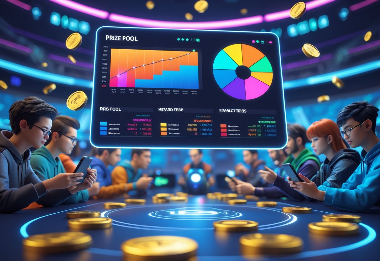 A 3D scene showing a digital leaderboard with graphs and charts, surrounded by gamers using holographic mobile devices in a modern esports arena with glowing trophies and floating coins.