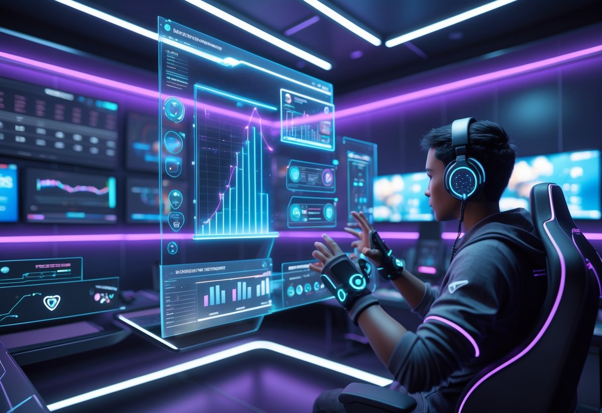 A gamer using a holographic interface with floating digital elements representing skill training and customisation in a modern gaming room.